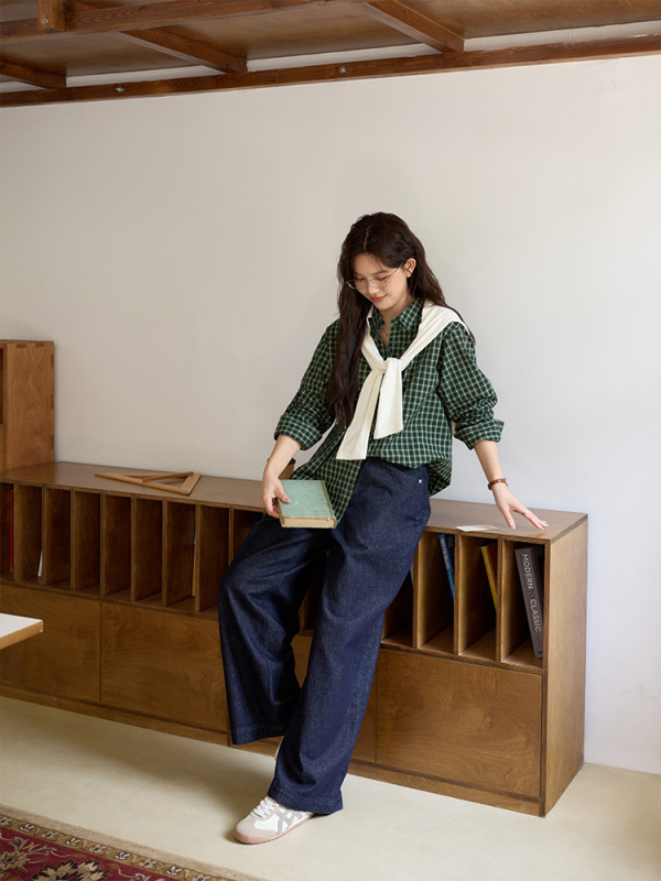 Cămașă damă în stil american retro cu carouri două nuanțe, guler Lapel, țesătură din bumbac yarn-dyed, mâneci lungi, croială lejeră