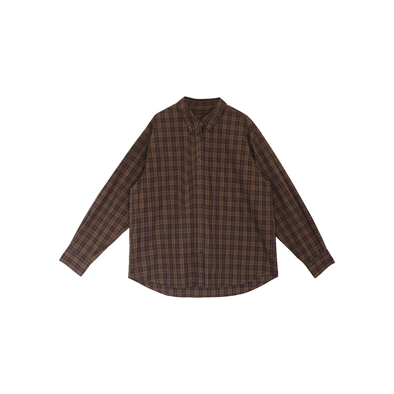 Cămașă damă în stil american retro cu carouri două nuanțe, guler Lapel, țesătură din bumbac yarn-dyed, mâneci lungi, croială lejeră