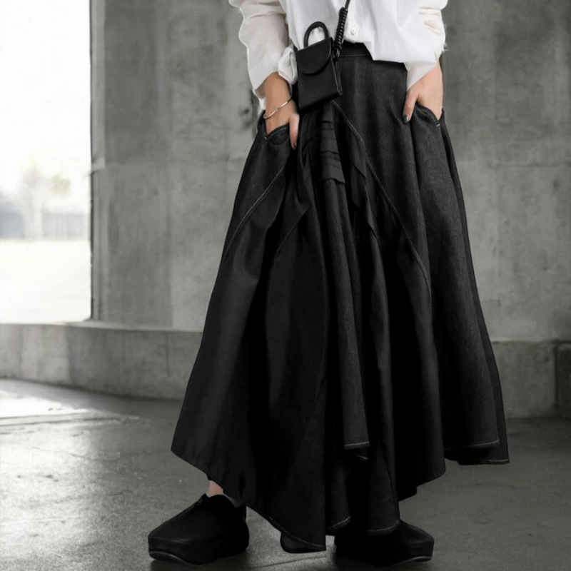 Denim midi suknja s nepravilnim rubom i 3D krojenjem, gradski stil