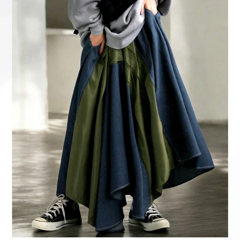 Denim midi suknja s nepravilnim rubom i 3D krojenjem, gradski stil