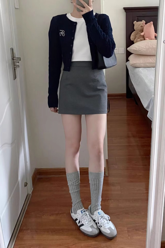 Пола A-линия за жени в сиво, офис стил, висока талия, полиестер със спандекс, микроеластична, без гладене