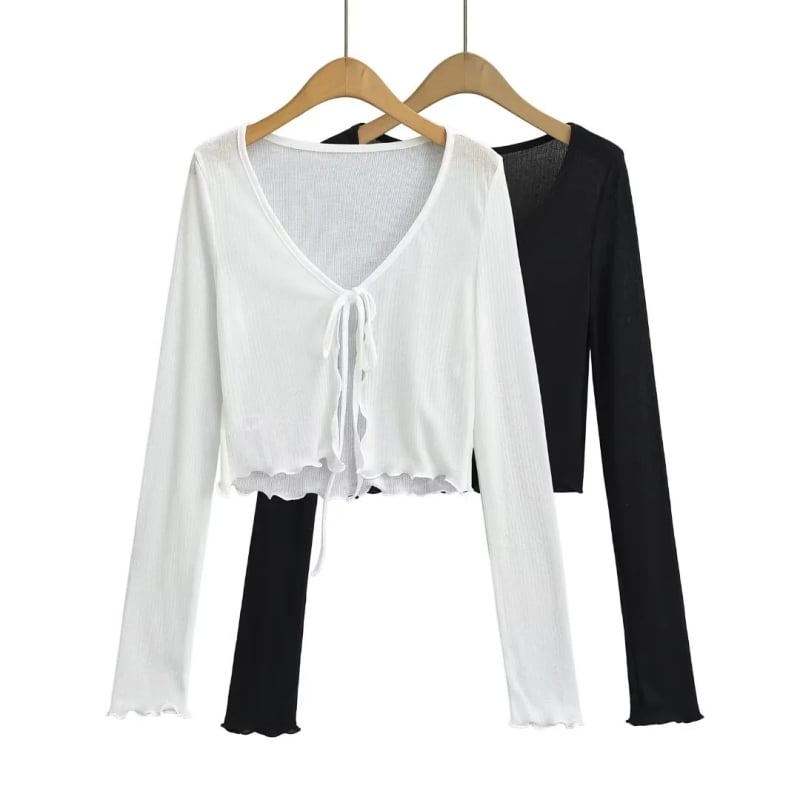 Ženski tanki cardigan s vezivanjem, dugi rukavi, lagan, poliestersko-elastanska smjesa (90–95% polyester, <30% elastan)