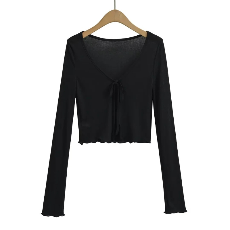 Ženski tanki cardigan s vezivanjem, dugi rukavi, lagan, poliestersko-elastanska smjesa (90–95% polyester, <30% elastan)