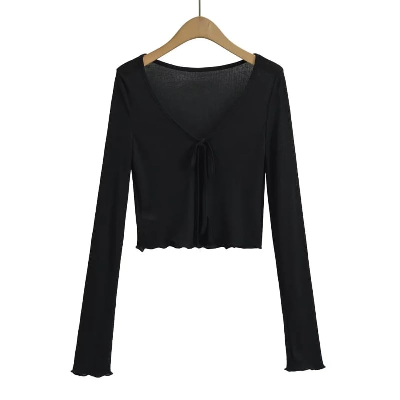 Ženski tanki cardigan s vezivanjem, dugi rukavi, lagan, poliestersko-elastanska smjesa (90–95% polyester, <30% elastan)