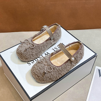 Lányok Mary Jane lapos cipő báránygyapjú felsőrésszel, masnival, Velcro-zár, fleece bélés, téli 2025