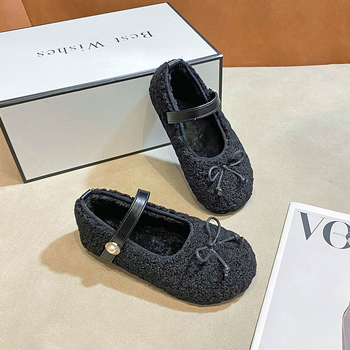 Lányok Mary Jane lapos cipő báránygyapjú felsőrésszel, masnival, Velcro-zár, fleece bélés, téli 2025