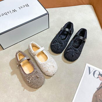 Lányok Mary Jane lapos cipő báránygyapjú felsőrésszel, masnival, Velcro-zár, fleece bélés, téli 2025