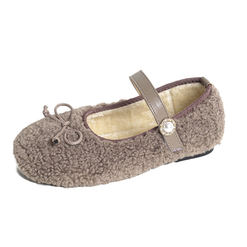 Lányok Mary Jane lapos cipő báránygyapjú felsőrésszel, masnival, Velcro-zár, fleece bélés, téli 2025