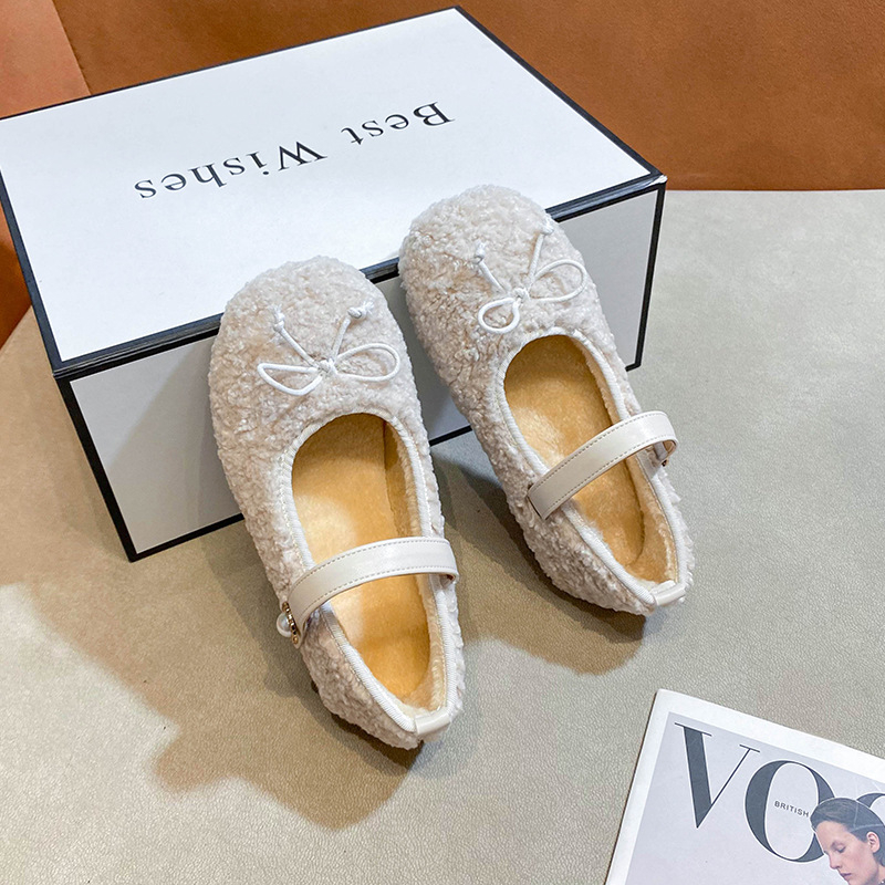 Lányok Mary Jane lapos cipő báránygyapjú felsőrésszel, masnival, Velcro-zár, fleece bélés, téli 2025