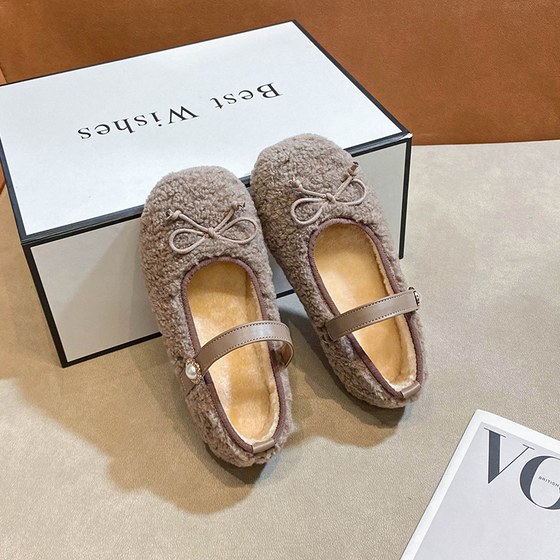 Lányok Mary Jane lapos cipő báránygyapjú felsőrésszel, masnival, Velcro-zár, fleece bélés, téli 2025