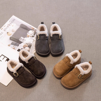 Gyerekek téli velúr loaferok Velcro zárással – nubuk felsőrész, gumírozott talp, vastag bélés, koreai stílusú középtalp