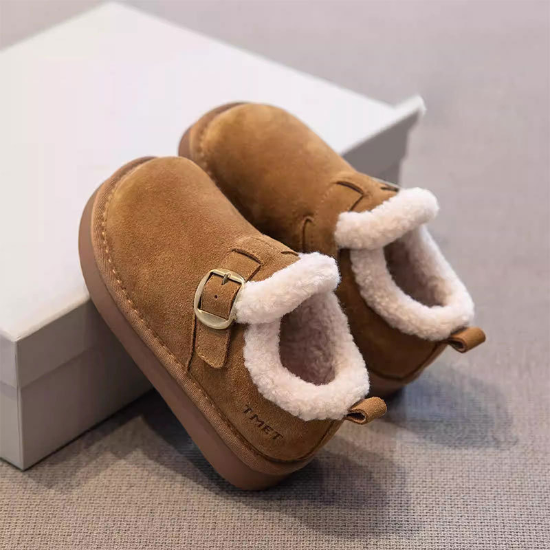 Gyerekek téli velúr loaferok Velcro zárással – nubuk felsőrész, gumírozott talp, vastag bélés, koreai stílusú középtalp