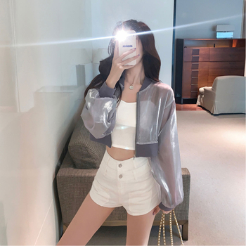Bluza transparentă cu fermoar, croială lejeră, lungime scurtă, mâneci lungi, poliester