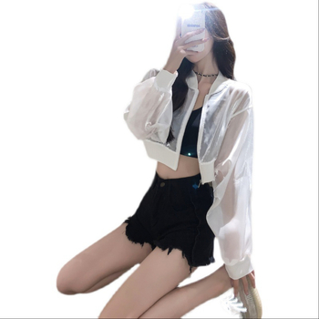 Bluza transparentă cu fermoar, croială lejeră, lungime scurtă, mâneci lungi, poliester