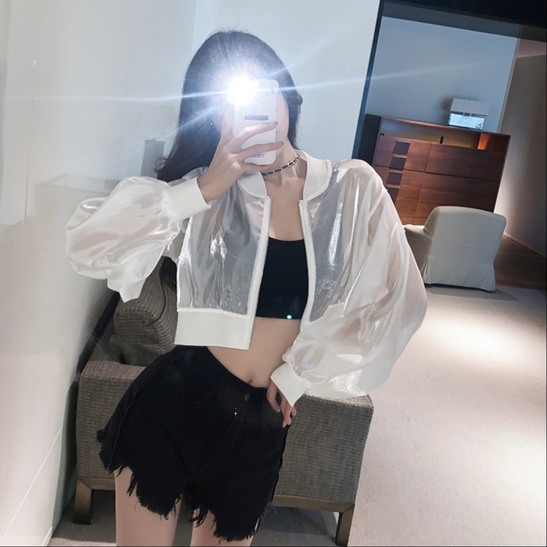 Bluza transparentă cu fermoar, croială lejeră, lungime scurtă, mâneci lungi, poliester