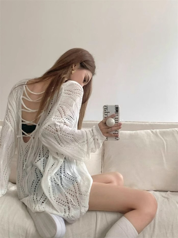 Top tricotat în stil franțuzesc, cu model decupat din ice-silk, protecție solară UPF50+, mâneci lungi, poliester