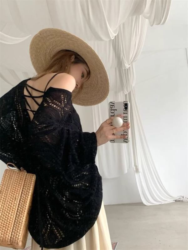 Top tricotat în stil franțuzesc, cu model decupat din ice-silk, protecție solară UPF50+, mâneci lungi, poliester