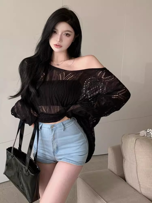 Top tricotat în stil franțuzesc, cu model decupat din ice-silk, protecție solară UPF50+, mâneci lungi, poliester