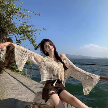 Bluza tricotată cu decupaje, model geometric, din bumbac, mâneci lungi, lungime normală