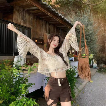 Bluza tricotată cu decupaje, model geometric, din bumbac, mâneci lungi, lungime normală