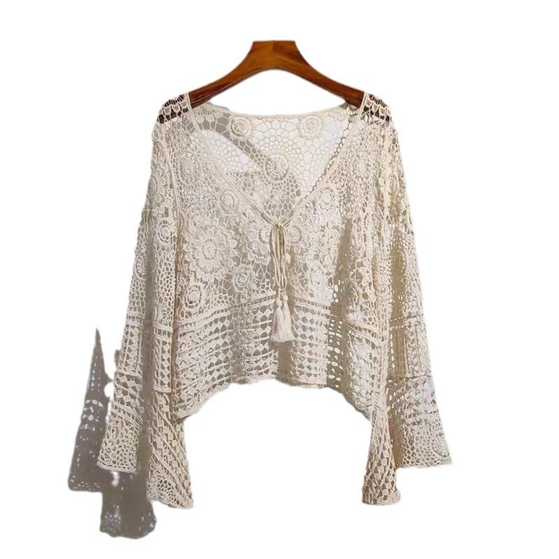 Bluza tricotată cu decupaje, model geometric, din bumbac, mâneci lungi, lungime normală