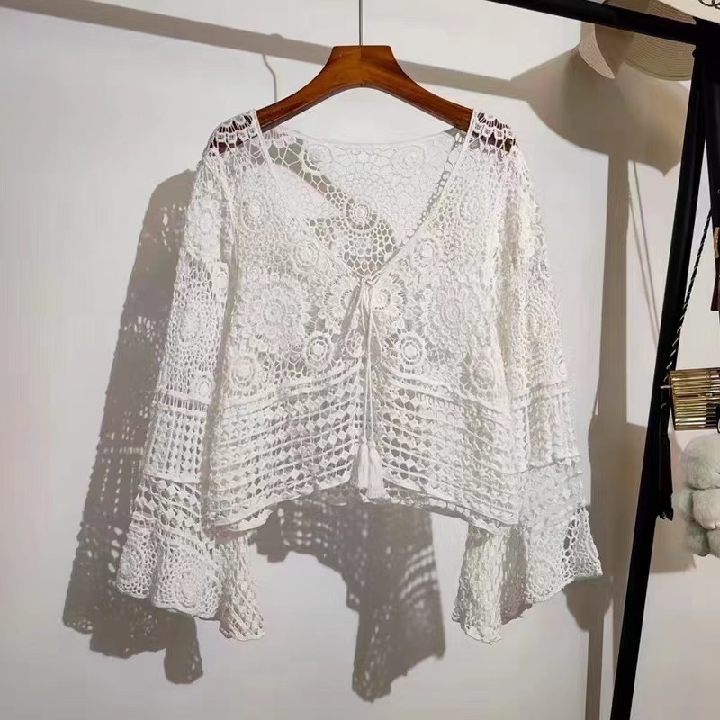 Bluza tricotată cu decupaje, model geometric, din bumbac, mâneci lungi, lungime normală