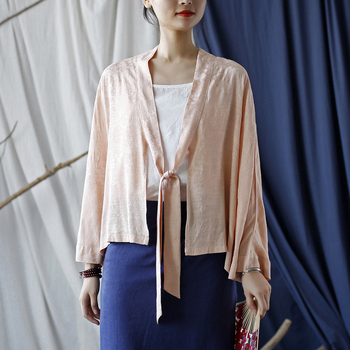 Női kardigán selyem-kender jacquardból, bat ujjú, jacquard mintázat, UPF30+ napvédő, könnyű nyári külső felső, irodalmi-művészeti retro stílus