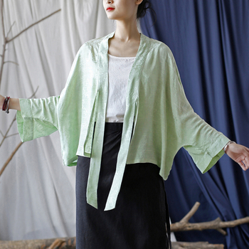 Női kardigán selyem-kender jacquardból, bat ujjú, jacquard mintázat, UPF30+ napvédő, könnyű nyári külső felső, irodalmi-művészeti retro stílus