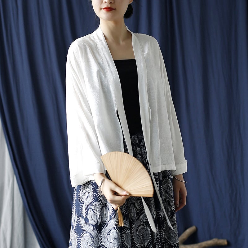 Női kardigán selyem-kender jacquardból, bat ujjú, jacquard mintázat, UPF30+ napvédő, könnyű nyári külső felső, irodalmi-művészeti retro stílus