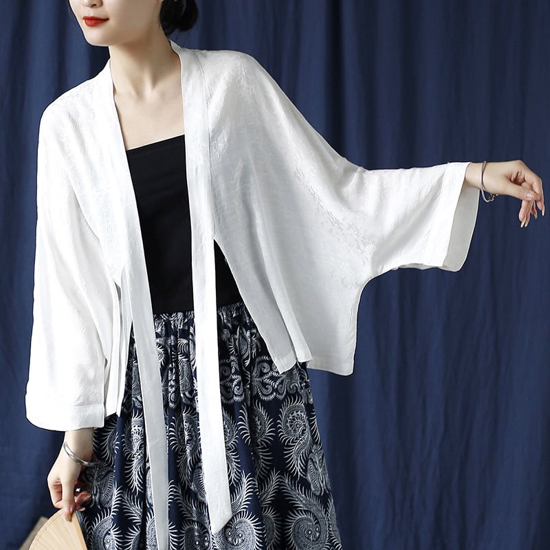 Női kardigán selyem-kender jacquardból, bat ujjú, jacquard mintázat, UPF30+ napvédő, könnyű nyári külső felső, irodalmi-művészeti retro stílus