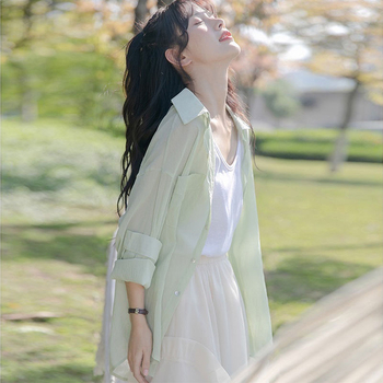 Cardigan din chiffon poliester cu protecție solară UPF30+, lungime scurtă, mâneci lungi, buzunare, stil urban