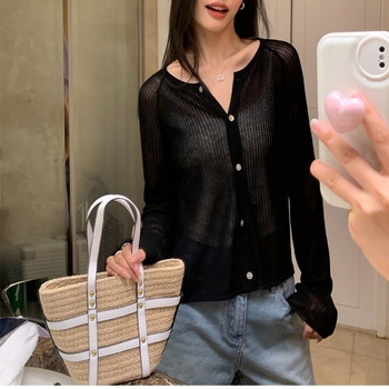 Kerek nyakú kötött kardigán, hosszú ujjas, könnyű poliészter anyag, napvédő külső ruházat