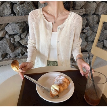 Kerek nyakú kötött kardigán, hosszú ujjas, könnyű poliészter anyag, napvédő külső ruházat