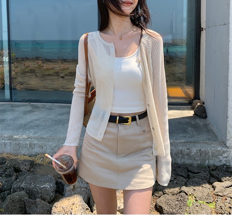 Kerek nyakú kötött kardigán, hosszú ujjas, könnyű poliészter anyag, napvédő külső ruházat