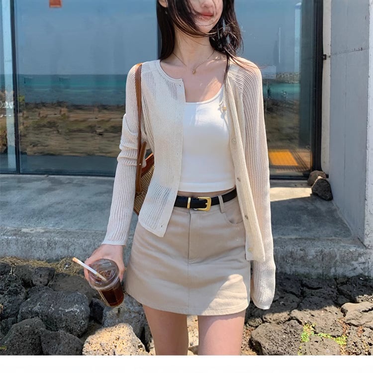 Kerek nyakú kötött kardigán, hosszú ujjas, könnyű poliészter anyag, napvédő külső ruházat