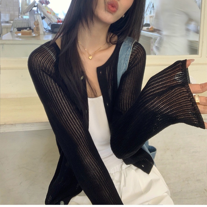 Kerek nyakú kötött kardigán, hosszú ujjas, könnyű poliészter anyag, napvédő külső ruházat