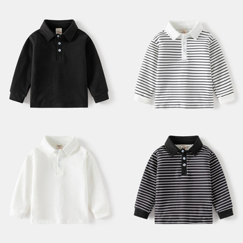 Tricou polo pentru copii cu mâneci lungi, stil coreean, dungi, țesătură din fibre chimice, pentru băieți, primăvară-toamnă