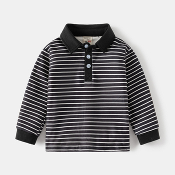Tricou polo pentru copii cu mâneci lungi, stil coreean, dungi, țesătură din fibre chimice, pentru băieți, primăvară-toamnă