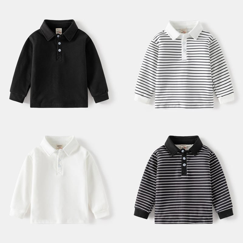 Tricou polo pentru copii cu mâneci lungi, stil coreean, dungi, țesătură din fibre chimice, pentru băieți, primăvară-toamnă