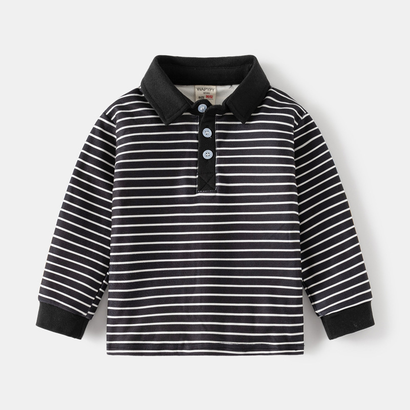 Tricou polo pentru copii cu mâneci lungi, stil coreean, dungi, țesătură din fibre chimice, pentru băieți, primăvară-toamnă