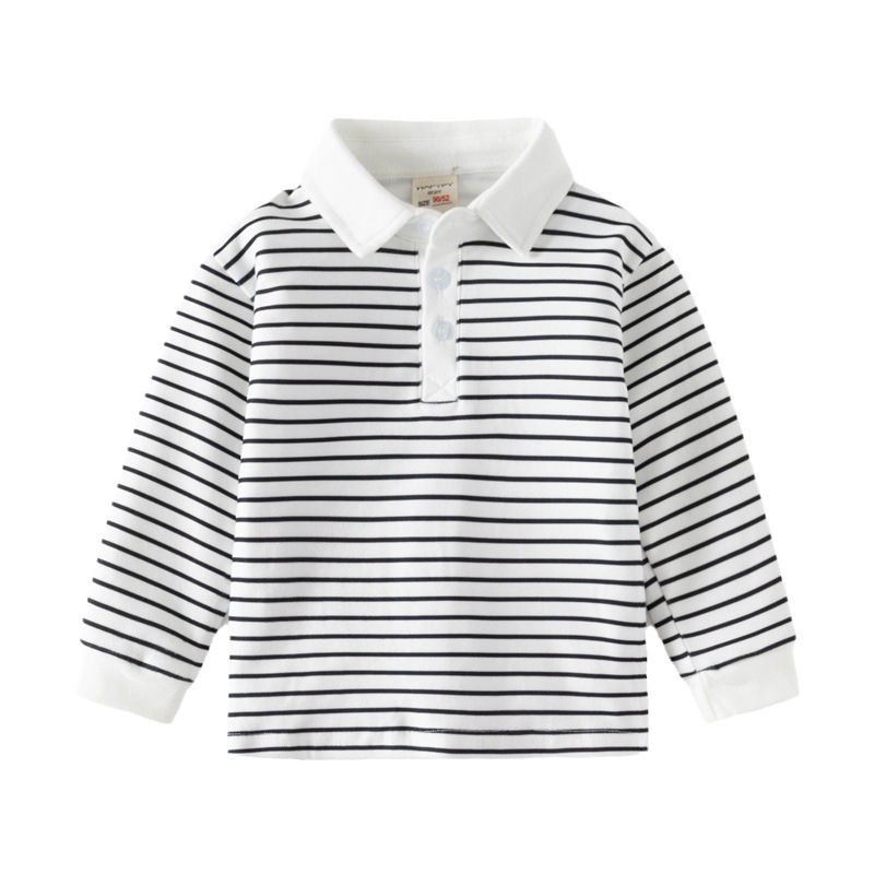 Tricou polo pentru copii cu mâneci lungi, stil coreean, dungi, țesătură din fibre chimice, pentru băieți, primăvară-toamnă
