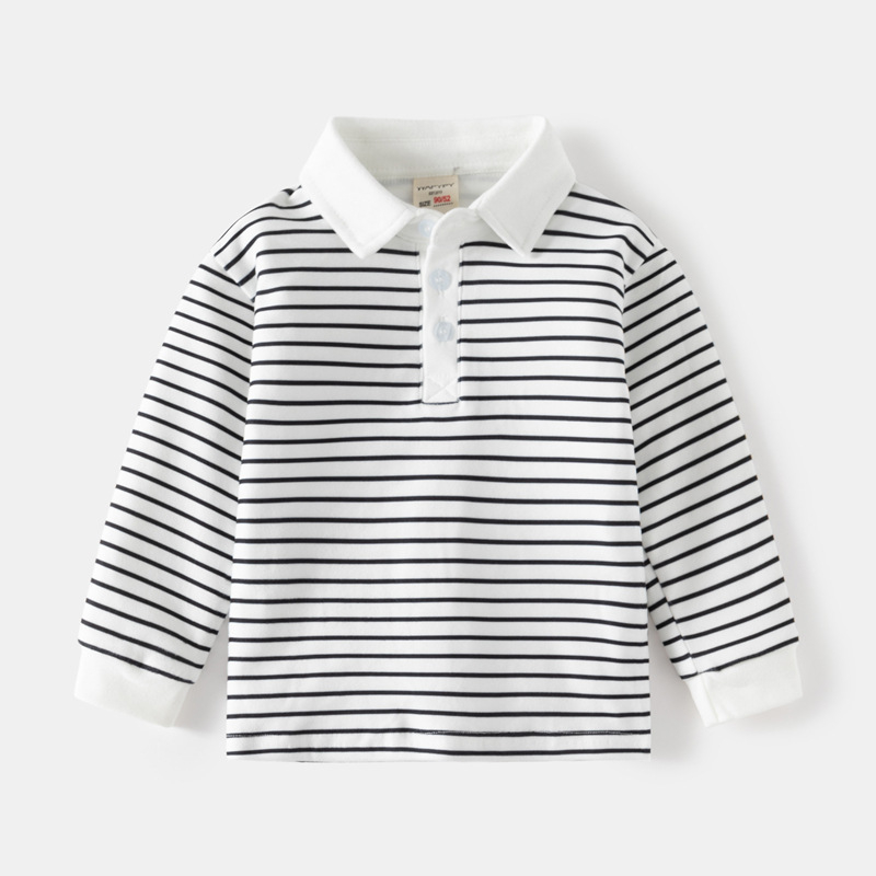 Tricou polo pentru copii cu mâneci lungi, stil coreean, dungi, țesătură din fibre chimice, pentru băieți, primăvară-toamnă