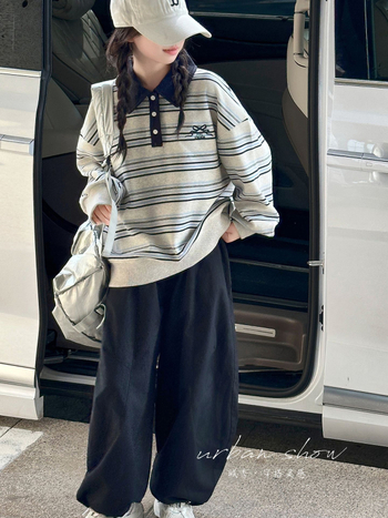 Lányoknak készült fleece-betétes polo felső, csíkos mintával, pamut anyag, koreai stílus, tél 2025