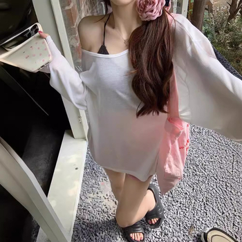 Tricou damă cu spate deschis, croială lejeră, poliester, mâneci lungi, subțire, vară 2024