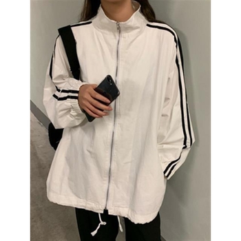 Palton din bumbac, croială lejeră, guler polo, fermoar frontal, model în dungi