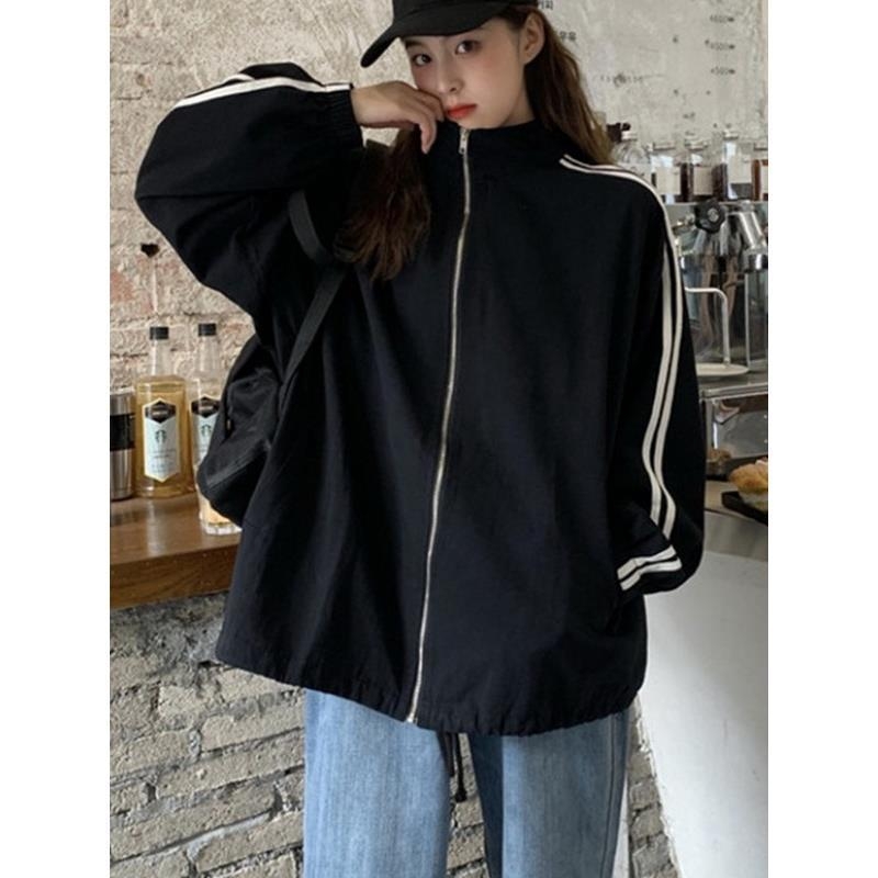 Palton din bumbac, croială lejeră, guler polo, fermoar frontal, model în dungi