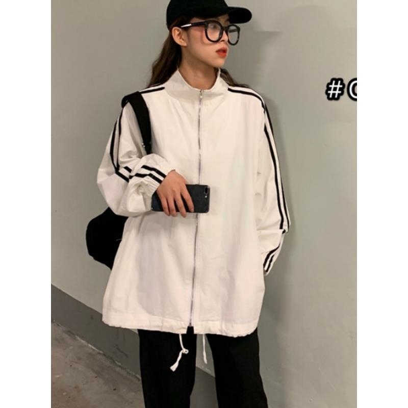 Palton din bumbac, croială lejeră, guler polo, fermoar frontal, model în dungi