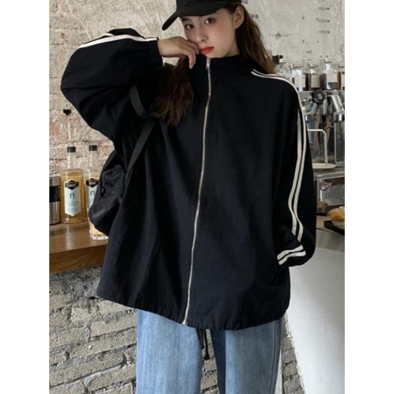 Palton din bumbac, croială lejeră, guler polo, fermoar frontal, model în dungi