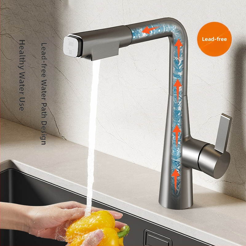 Robinet de bucătărie retractabil din oțel inoxidabil, robinet amestecător cu disc ceramic, apă caldă și rece, 0–90°C, conductă de intrare 8 mm