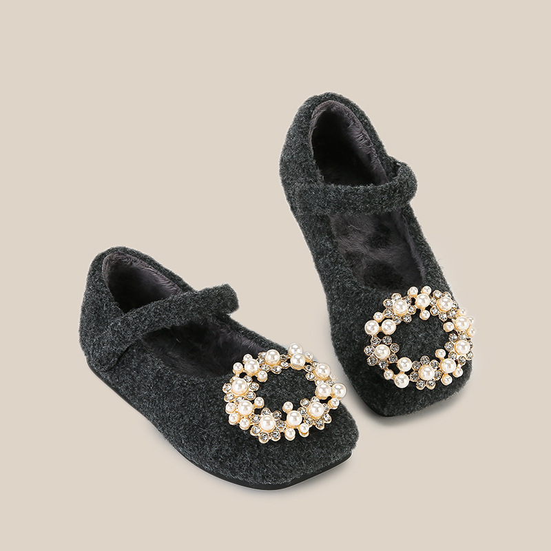 Dječje Mary Jane cipele s plišastom podstavom i kristalima, francuski stil, zimske, zatvaranje Velcro trakom, niski potplat, stil princeze